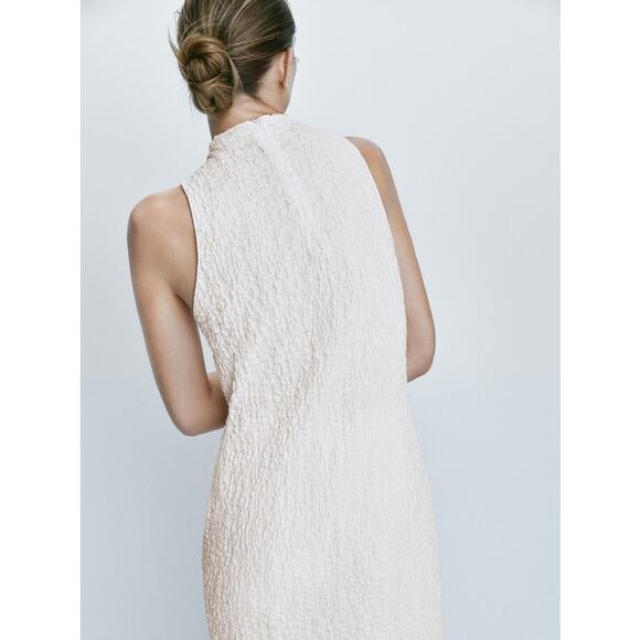 Massimo Dutti Textured Mock Neck Dress Sleeveless Turtleneck Midi, White - Picture 2 of 14